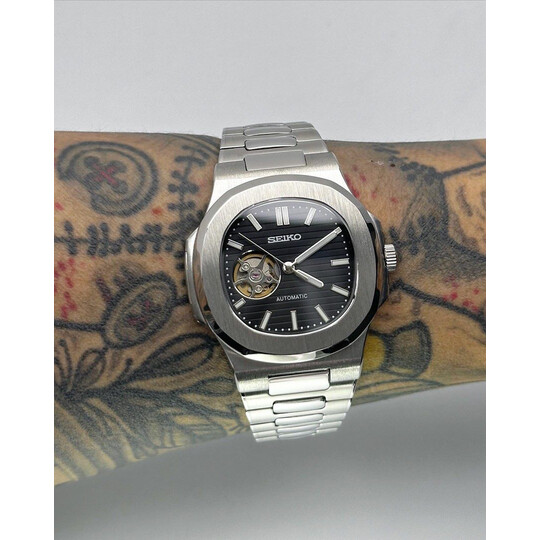 Custom Seiko Mod • Black Open Heart Silver Nautilus • 40mm